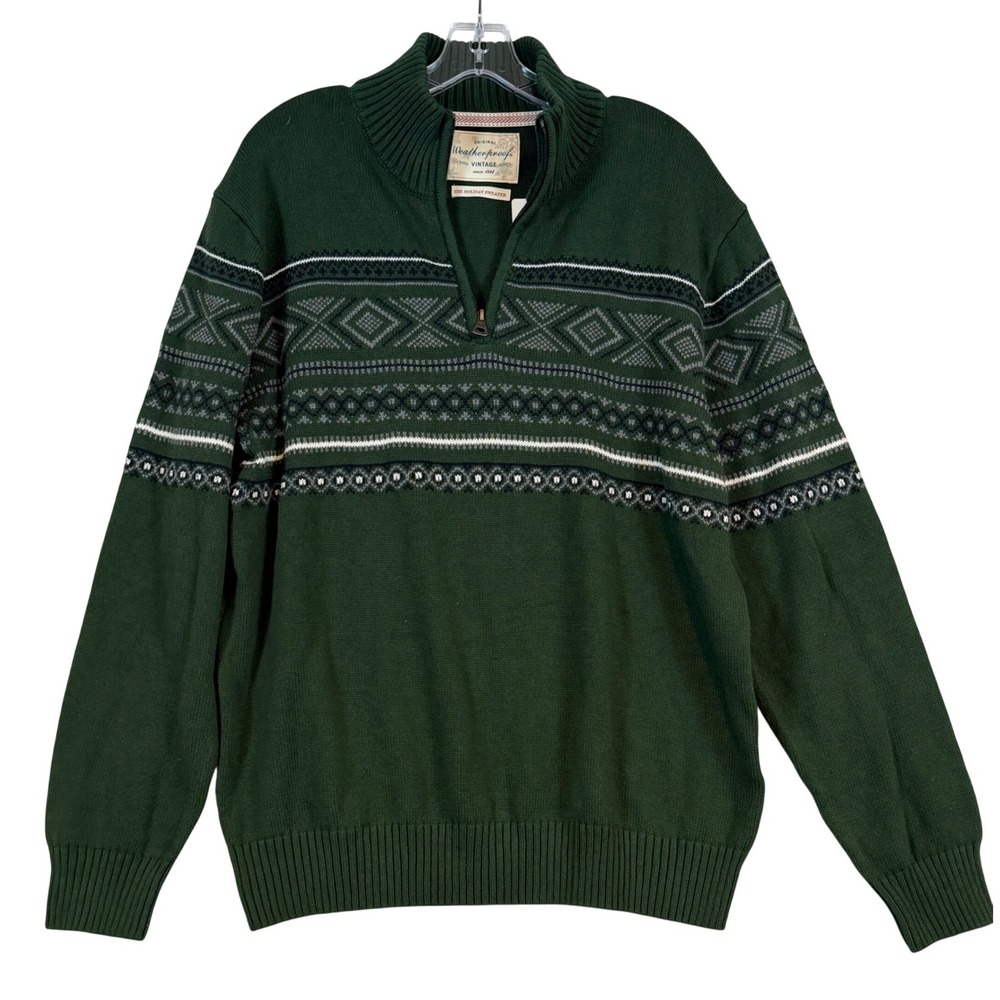 NWT Weatherproof Vintage Mens Green Fair Isle Quarter Zip Sweater L Holiday‎